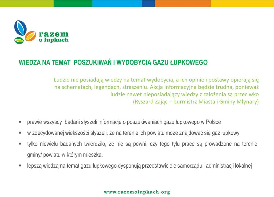 informacje o poszukiwaniach gazu łupkowego w Polsce w zdecydowanej większości słyszeli, że na terenie ich powiatu może znajdować się gaz łupkowy tylko niewielu badanych twierdziło, że