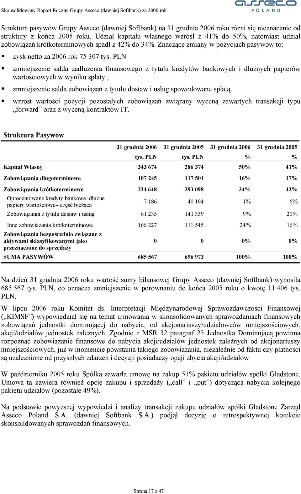 PLN zmniejszenie salda zadłużenia finansowego z tytułu kredytów bankowych i dłużnych papierów wartościowych w wyniku spłaty, zmniejszenie salda zobowiązań z tytułu dostaw i usług spowodowane spłatą.