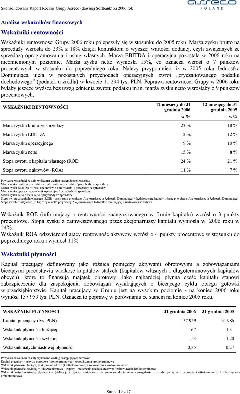 Marża EBITDA i operacyjna pozostała w 2006 roku na niezmienionym poziomie. Marża zysku netto wyniosła 15%, co oznacza wzrost o 7 punktów procentowych w stosunku do poprzedniego roku.