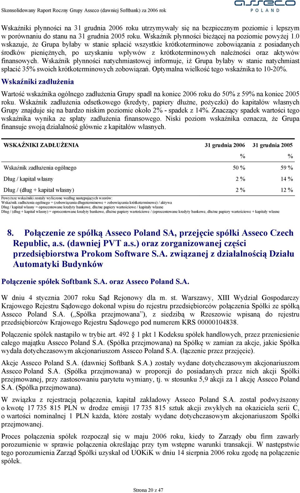 Wskaźnik płynności natychmiastowej informuje, iż Grupa byłaby w stanie natychmiast spłacić 35% swoich krótkoterminowych zobowiązań. Optymalna wielkość tego wskaźnika to 10-20%.