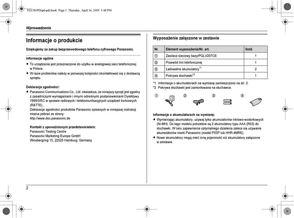 Deklaracja zgodności: L Panasonic Communications Co., Ltd.