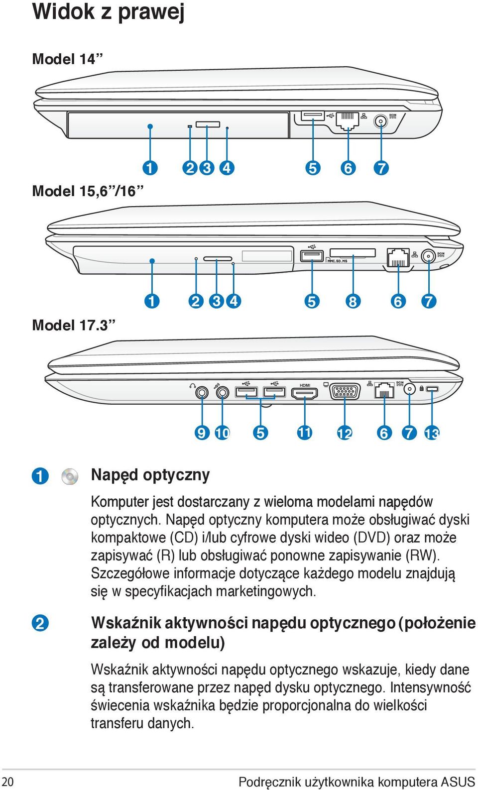 Napęd optyczny komputera może obsługiwać dyski kompaktowe (CD) i/lub cyfrowe dyski wideo (DVD) oraz może zapisywać (R) lub obsługiwać ponowne zapisywanie (RW).
