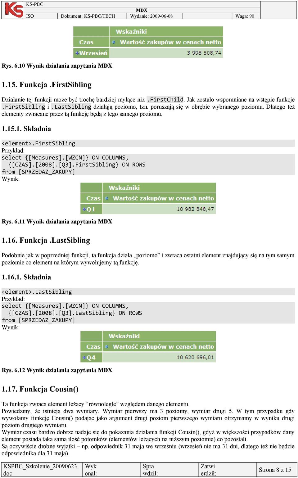 firstsibling Przykład: select {[Measures].[WZCN]} ON COLUMNS, {[CZAS].[2008].[Q3].FirstSibling} ON ROWS Wynik: Rys. 6.11 Wynik działania zapytania 1.16. Funkcja.