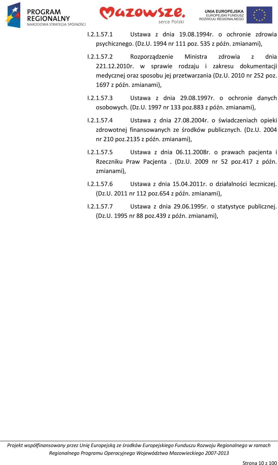 (Dz.U. 1997 nr 133 poz.883 z późn. zmianami), I.2.1.57.4 Ustawa z dnia 27.08.2004r. o świadczeniach opieki zdrowotnej finansowanych ze środków publicznych. (Dz.U. 2004 nr 210 poz.2135 z późn.