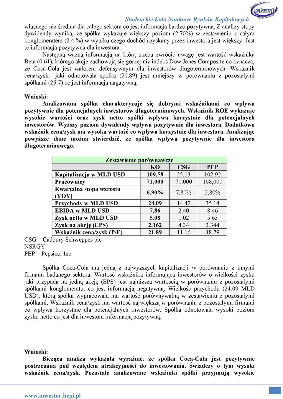 61), którego akcje zachowują się gorzej niż indeks Dow Jones Composite co oznacza, że Coca-Cola jest walorem defensywnym dla inwestorów długoterminowych. Wskaźnik cena/zysk jaki odnotowała spółka (21.