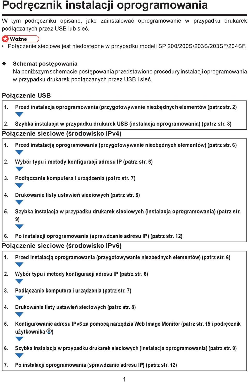 Schemat postępowania Na poniższym schemacie postępowania przedstawiono procedury instalacji oprogramowania w przypadku drukarek podłączanych przez USB i sieć. Połączenie USB 1.