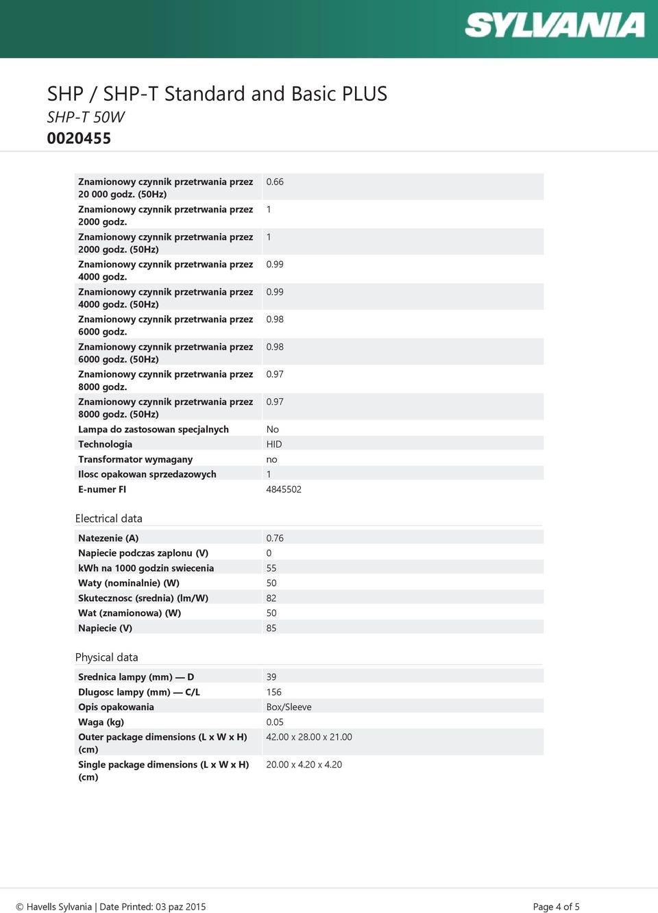 76 Napiecie podczas zaplonu (V) 0 kwh na 1000 godzin swiecenia 55 Waty (nominalnie) (W) 50 Skutecznosc (srednia) (lm/w) 82 Wat (znamionowa) (W) 50 Napiecie