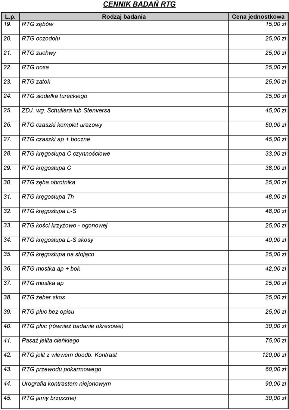 RTG zęba obrotnika 25,00 zł 31. RTG kręgosłupa Th 48,00 zł 32. RTG kręgosłupa L-S 48,00 zł 33. RTG kości krzyżowo - ogonowej 25,00 zł 34. RTG kręgosłupa L-S skosy 40,00 zł 35.