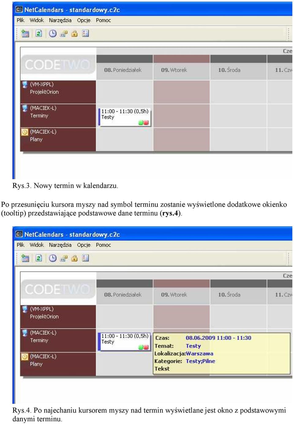 dodatkowe okienko (tooltip) przedstawiające podstawowe dane terminu