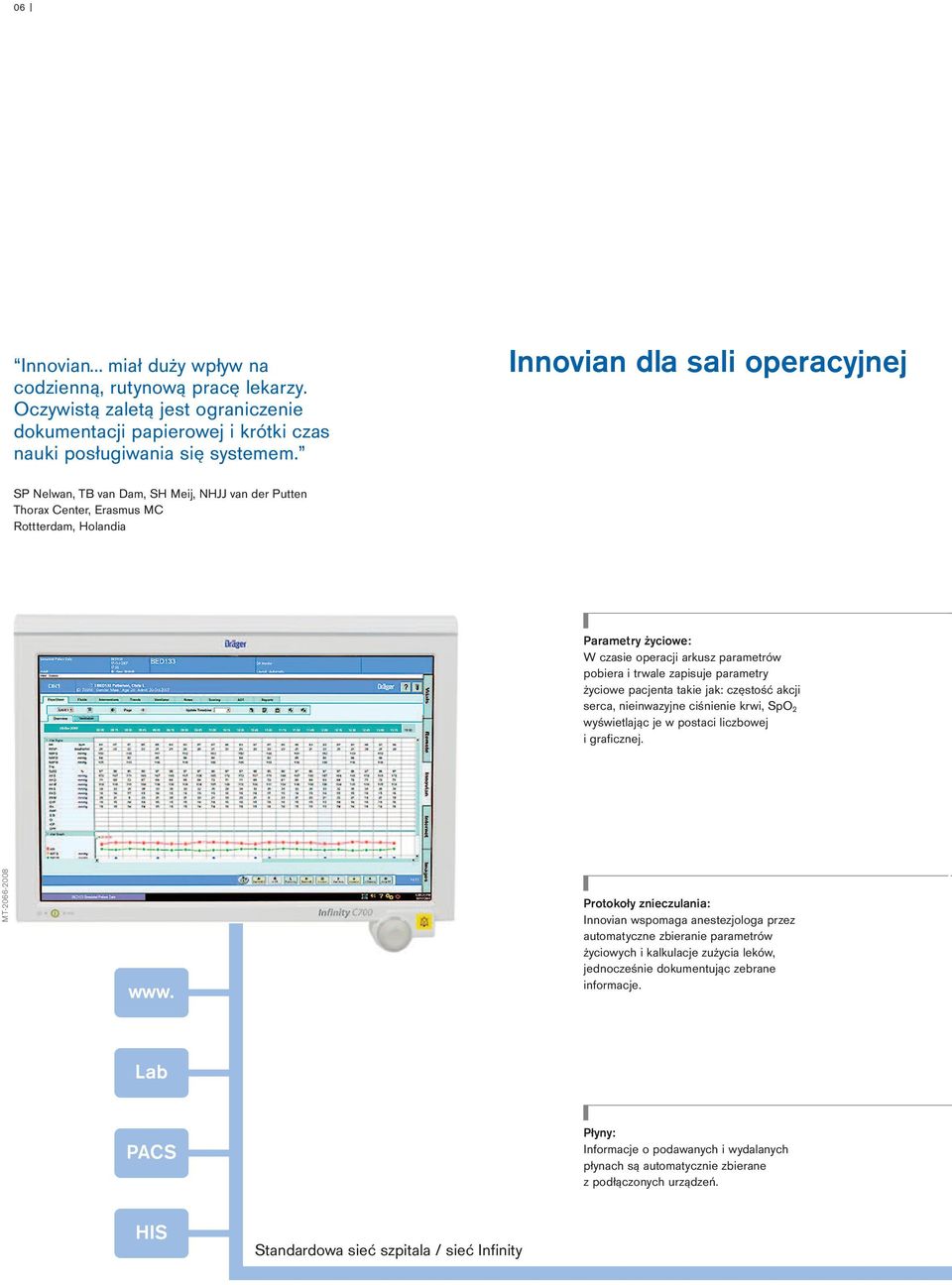 trwale zapisuje parametry życiowe pacjenta takie jak: częstość akcji serca, nieinwazyjne ciśnienie krwi, SpO 2 wyświetlając je w postaci liczbowej i graficznej. MT-2066-2008 www.