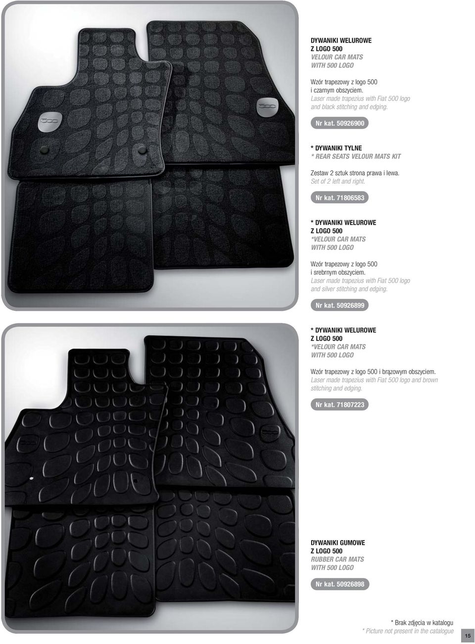 71806583 * DYWANIKI WELUROWE Z LOGO 500 *VELOUR CAR MATS WITH 500 LOGO Wzór trapezowy z logo 500 i srebrnym obszyciem. Laser made trapezius with Fiat 500 logo and silver stitching and edging. Nr kat.