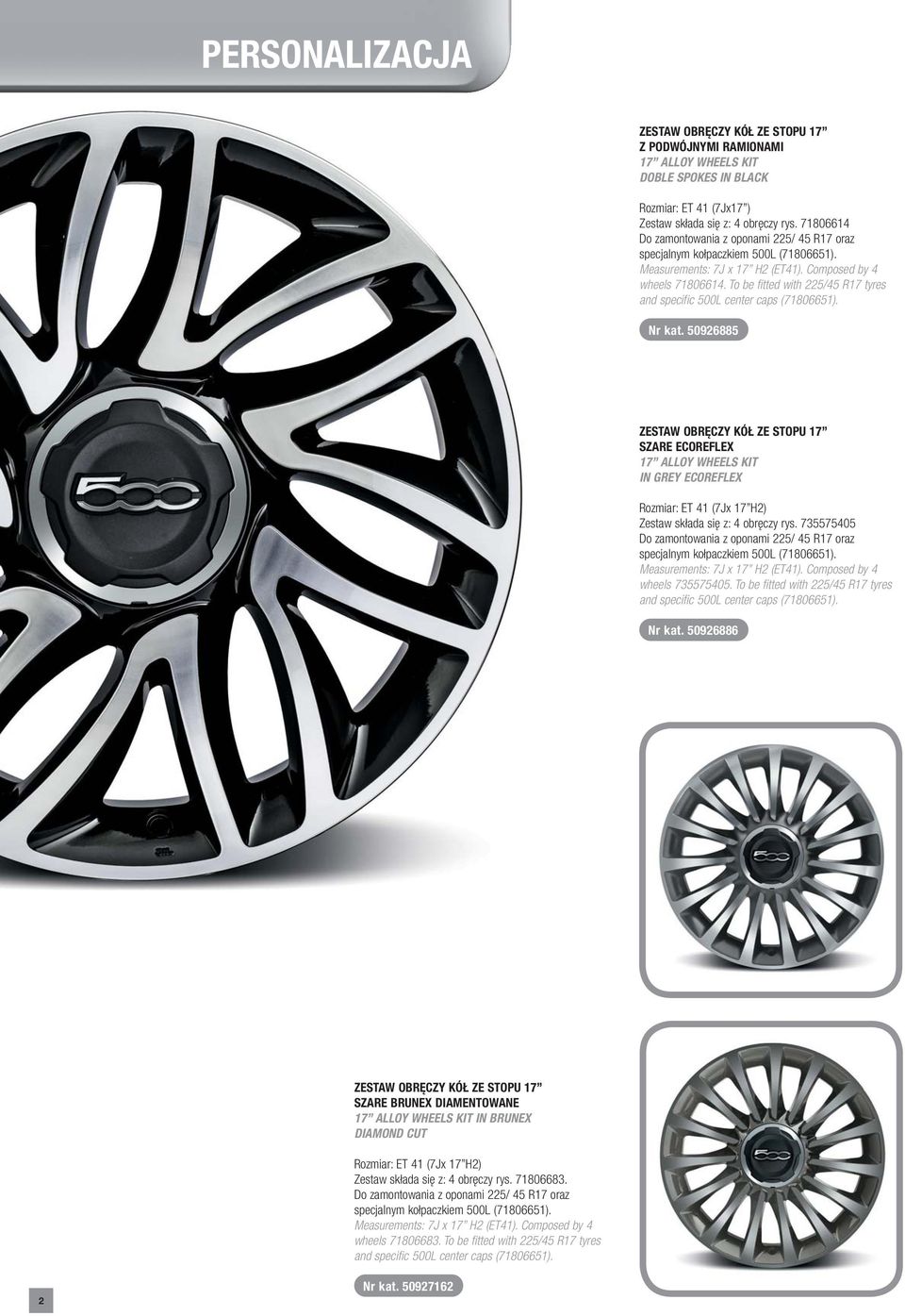 To be fitted with 225/45 R17 tyres and specific 500L center caps (71806651). Nr kat.