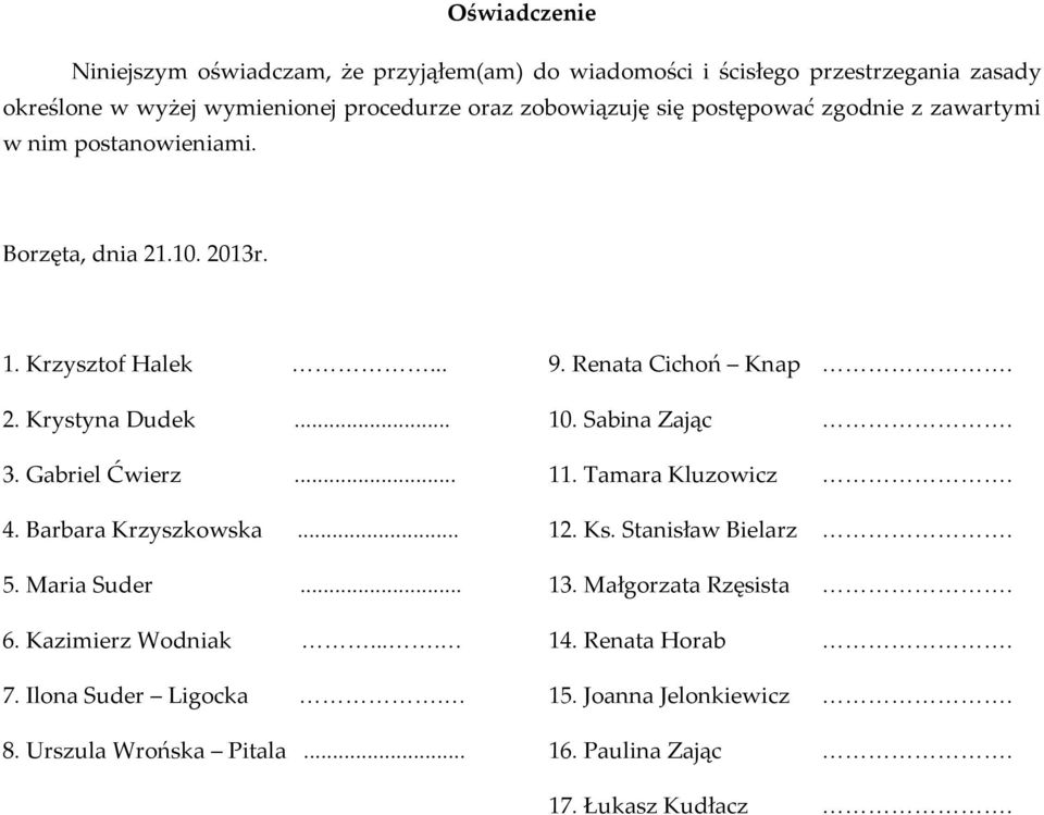 Gabriel Ćwierz... 11. Tamara Kluzowicz <<<<<<<<. 4. Barbara Krzyszkowska... 12. Ks. Stanisław Bielarz <<<<<<<<. 5. Maria Suder... 13. Małgorzata Rzęsista <<<<<<<<. 6.