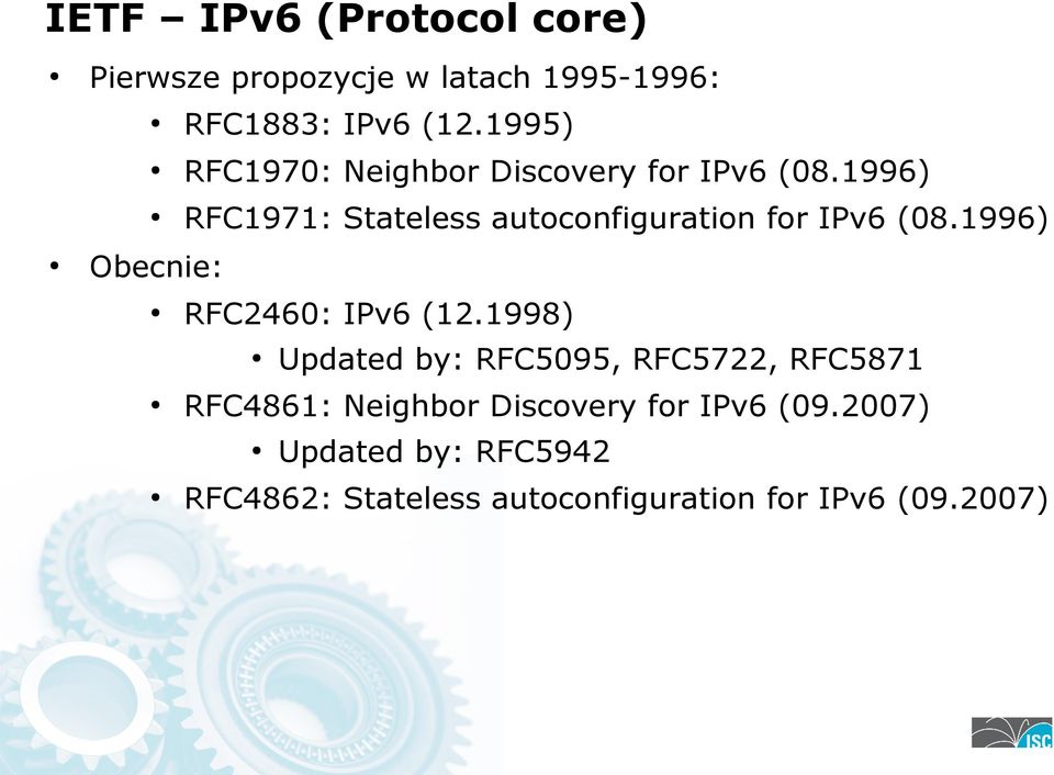 1996) RFC1971: Stateless autoconfiguration for IPv6 (08.1996) Obecnie: RFC2460: IPv6 (12.