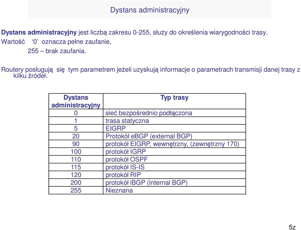 Routery posługują się tym parametrem jeżeli uzyskują informacje o parametrach transmisji danej trasy z kilku źródeł.