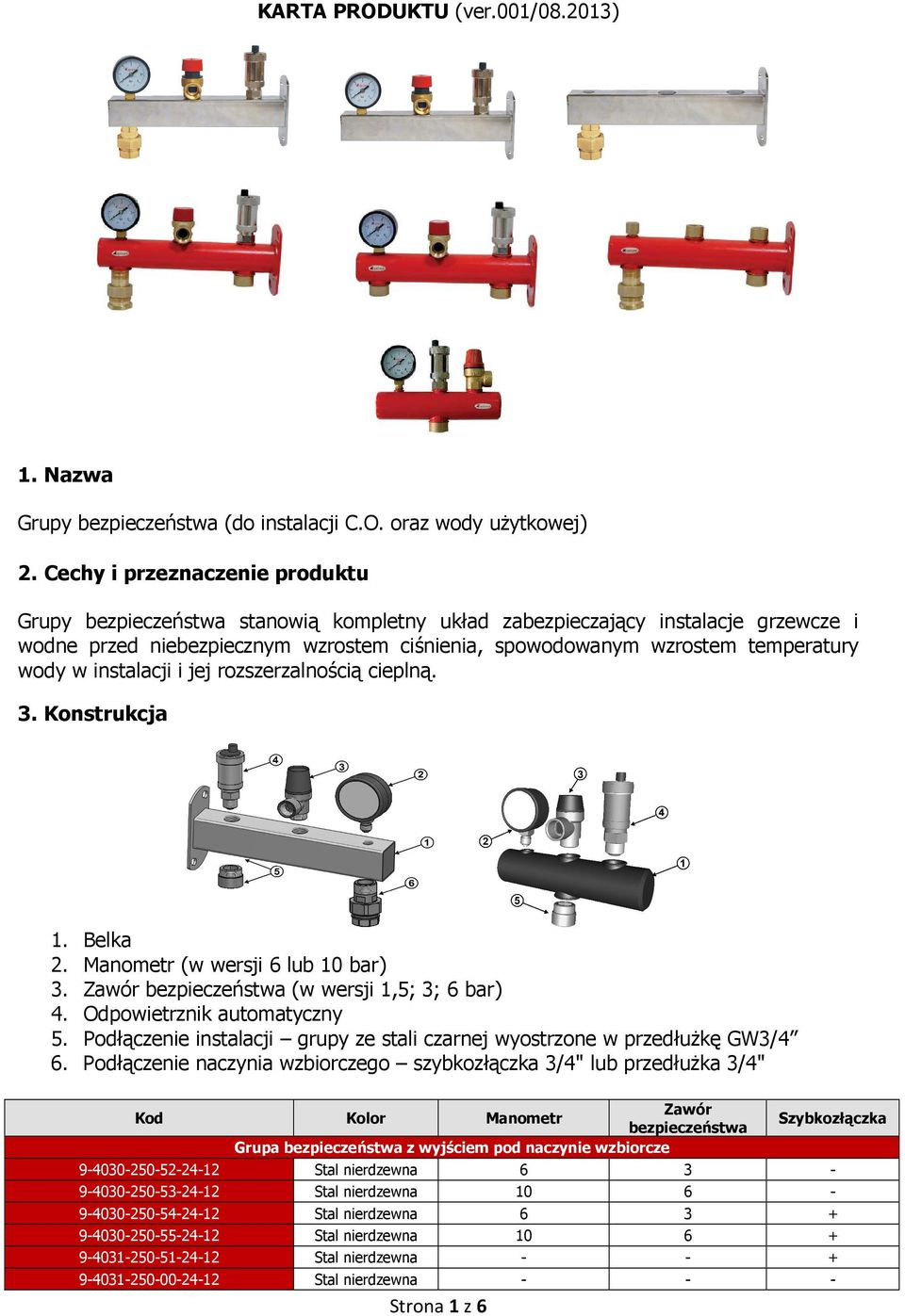 wody w instalacji i jej rozszerzalnością cieplną. 3. Konstrukcja 1. Belka 2. Manometr (w wersji 6 lub 10 bar) 3. Zawór bezpieczeństwa (w wersji 1,5; 3; 6 bar) 4. Odpowietrznik automatyczny 5.