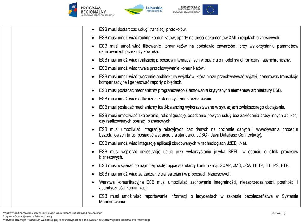 ESB musi umożliwiać realizację procesów integracyjnych w oparciu o model synchroniczny i asynchroniczny. ESB musi umożliwiać trwałe przechowywanie komunikatów.