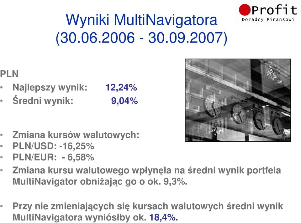 PLN/USD: -16,25% PLN/EUR: - 6,58% Zmiana kursu walutowego wpłynęła na średni wynik