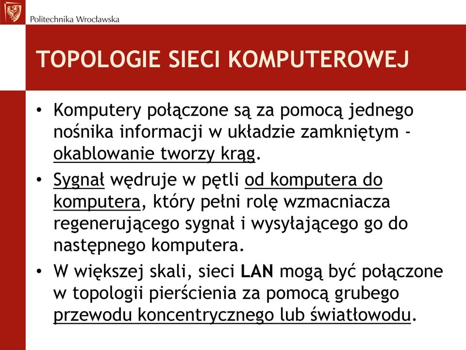 Sygnał wędruje w pętli od komputera do komputera, który pełni rolę wzmacniacza regenerującego sygnał i