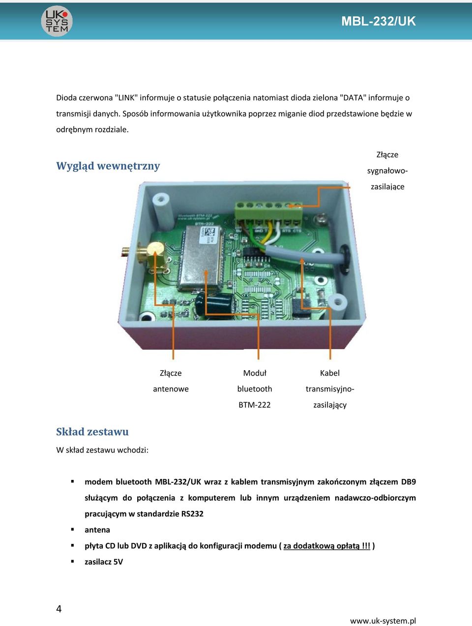 Wygląd wewnętrzny Złącze zasilający sygnałowozasilające Złącze antenowe Moduł bluetooth BTM-222 Kabel transmisyjno- Skład zestawu W skład zestawu wchodzi: modem