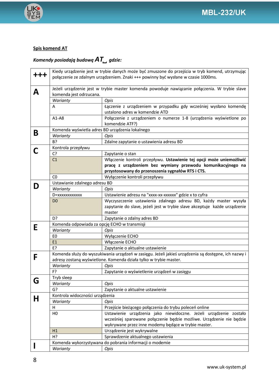 A Łączenie z urządzeniem w przypadku gdy wcześniej wysłano komendę ustalono adres w komendzie ATD A1-A8 Połączenie z urządzeniem o numerze 1-8 (urządzenia wyświetlone po komendzie ATF?