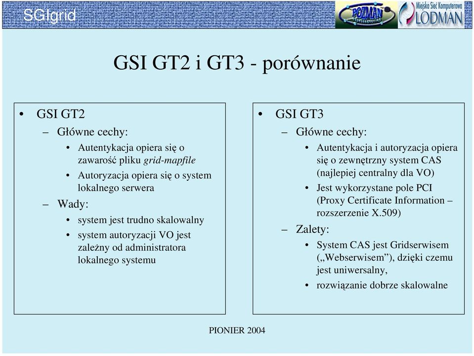 cechy: Autentykacja i autoryzacja opiera się o zewnętrzny system CAS (najlepiej centralny dla VO) Jest wykorzystane pole PCI (Proxy