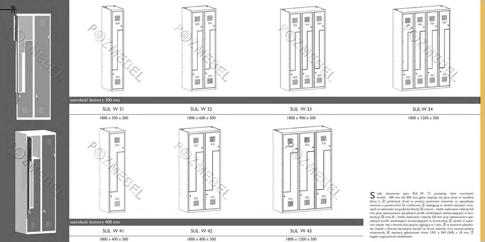 1800 X 1200 X 500 S zafy ubraniwe typu SUL W: CD psiadają dwie szerkści kmór: 300 mm lub 400 mm, gdzie znajduje się para drzwi w kształcie litery L, perfracja drzwi w pstaci systemów twrów ze