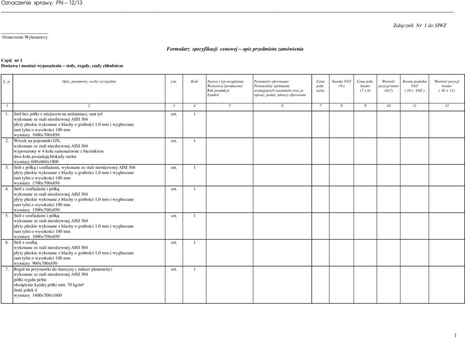 Stawka (%) (7 x 8) Wartość pozycji (4x7) Kwota podatku ( 10 x ) ( 10 + 11) 1 2 3 4 5 6 7 8 9 10 11 12 1. Stół bez półki z miejscem na uzdatniacz, rant tył wymiary 1000x700x850 2.