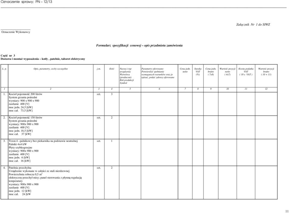 4x7) Kwota podatku ( 10 x ) ( 10 + 11) 1 2 3 4 5 6 7 8 9 10 11 12 1. Kocioł pojemność 200 litrów System grzania pośredni wymiary: 900 x 900 x 900 moc jedn. 24,5 [kw] moc cał. 73,5 [kw] 2.