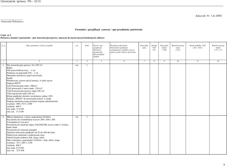 opisać, podać zakresy oferowane Stawka (%) ( 7x8) ( 4x7) Kwota podatku ( 10 x ) ( 10 + 11) 1 2 3 4 5 6 7 8 9 10 11 12 1. Piec konwekcyjno-parowy 10 x GN 1/1 Bojler Filtr przeciwtłuszczowy - 1 szt.