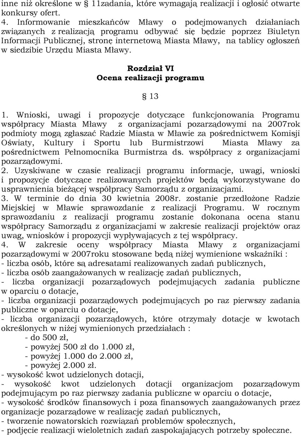 ogłoszeń w siedzibie Urzędu Miasta Mławy. Rozdział VI Ocena realizacji programu 13 1.