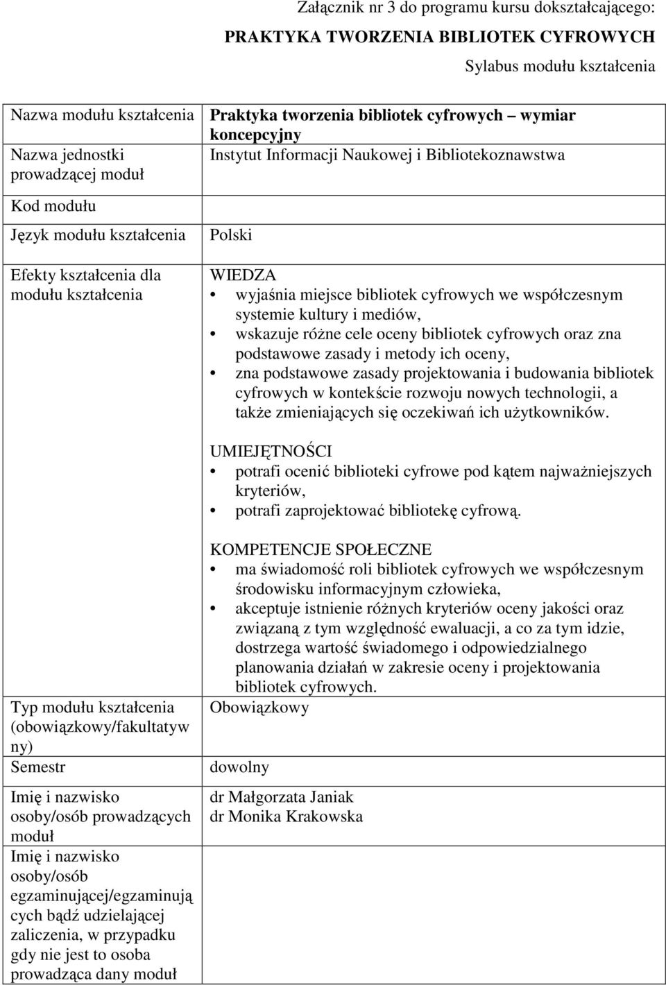 bibliotek cyfrowych we współczesnym systemie kultury i mediów, wskazuje różne cele oceny bibliotek cyfrowych oraz zna podstawowe zasady i metody ich oceny, zna podstawowe zasady projektowania i