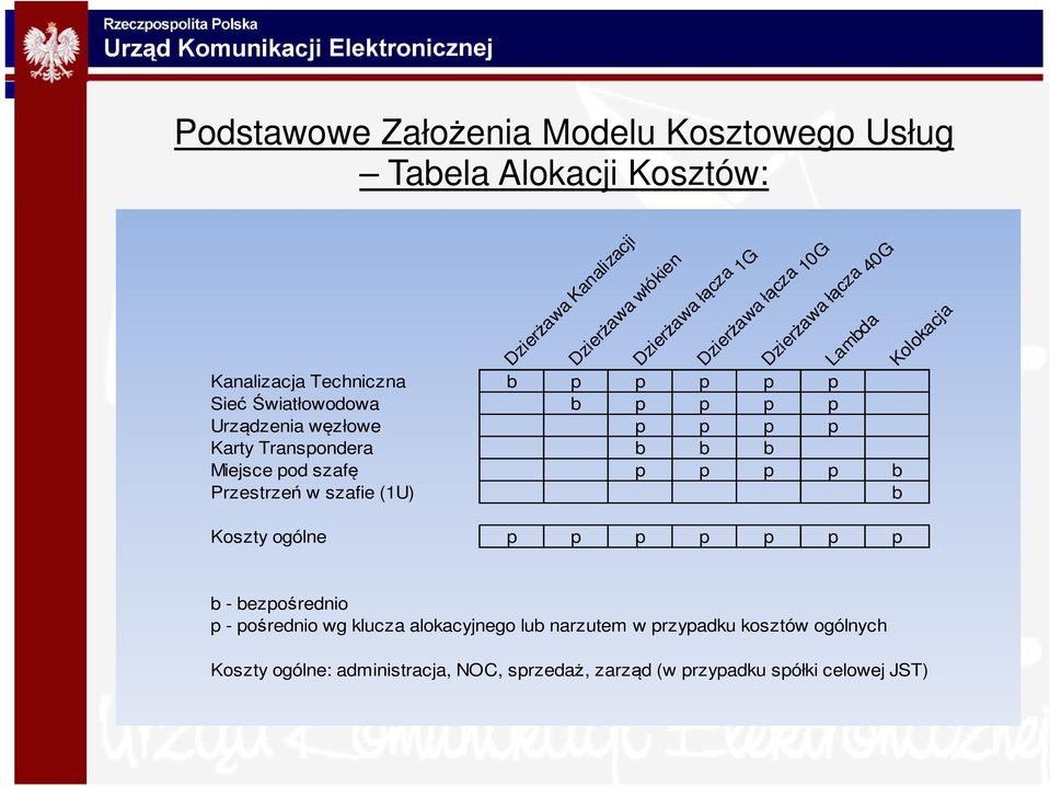 40G Lambda Miejsce pod szafę p p p p b Przestrzeń w szafie (1U) b Kolokacja Koszty ogólne p p p p p p p b - bezpośrednio p - pośrednio wg