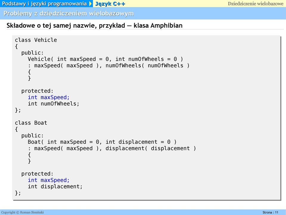 numofwheels; class Boat Boat( int maxspeed = 0, int displacement = 0 ) : maxspeed( maxspeed ),