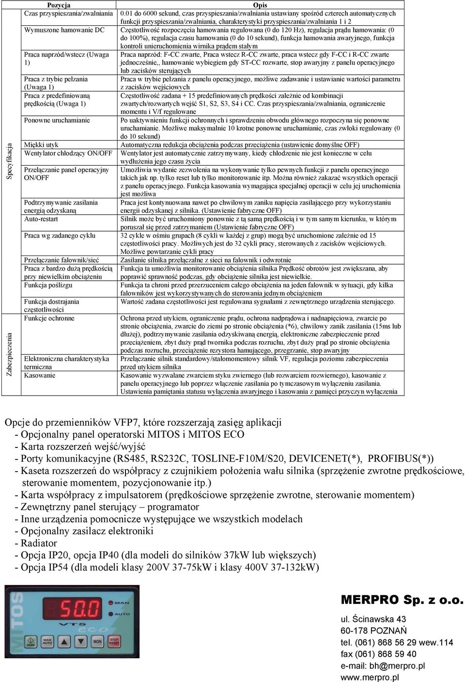 Częstotliwość rozpoczęcia hamowania regulowana (0 do 120 Hz), regulacja prądu hamowania: (0 do 100%), regulacja czasu hamowania (0 do 10 sekund), funkcja hamowania awaryjnego, funkcja kontroli