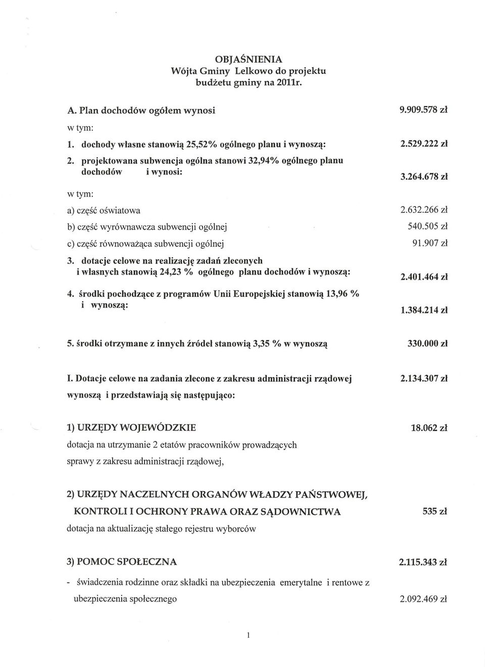 dotacje celowe na realizacje zadan zleconych i wlasnych stanowia 24,23 % ogólnego planu dochodów i wynosza: 4. srodki pochodzace z programów Unii Europejskiej stanowia 13,96 % i wynosza: 9.909.