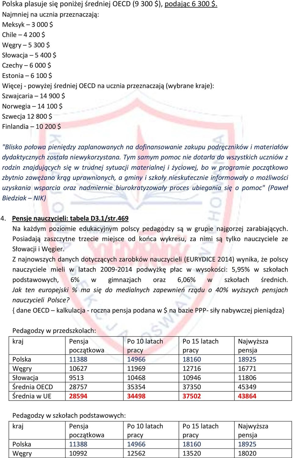 Szwajcaria 14 900 $ Norwegia 14 100 $ Szwecja 12 800 $ Finlandia 10 200 $ "Blisko połowa pieniędzy zaplanowanych na dofinansowanie zakupu podręczników i materiałów dydaktycznych została