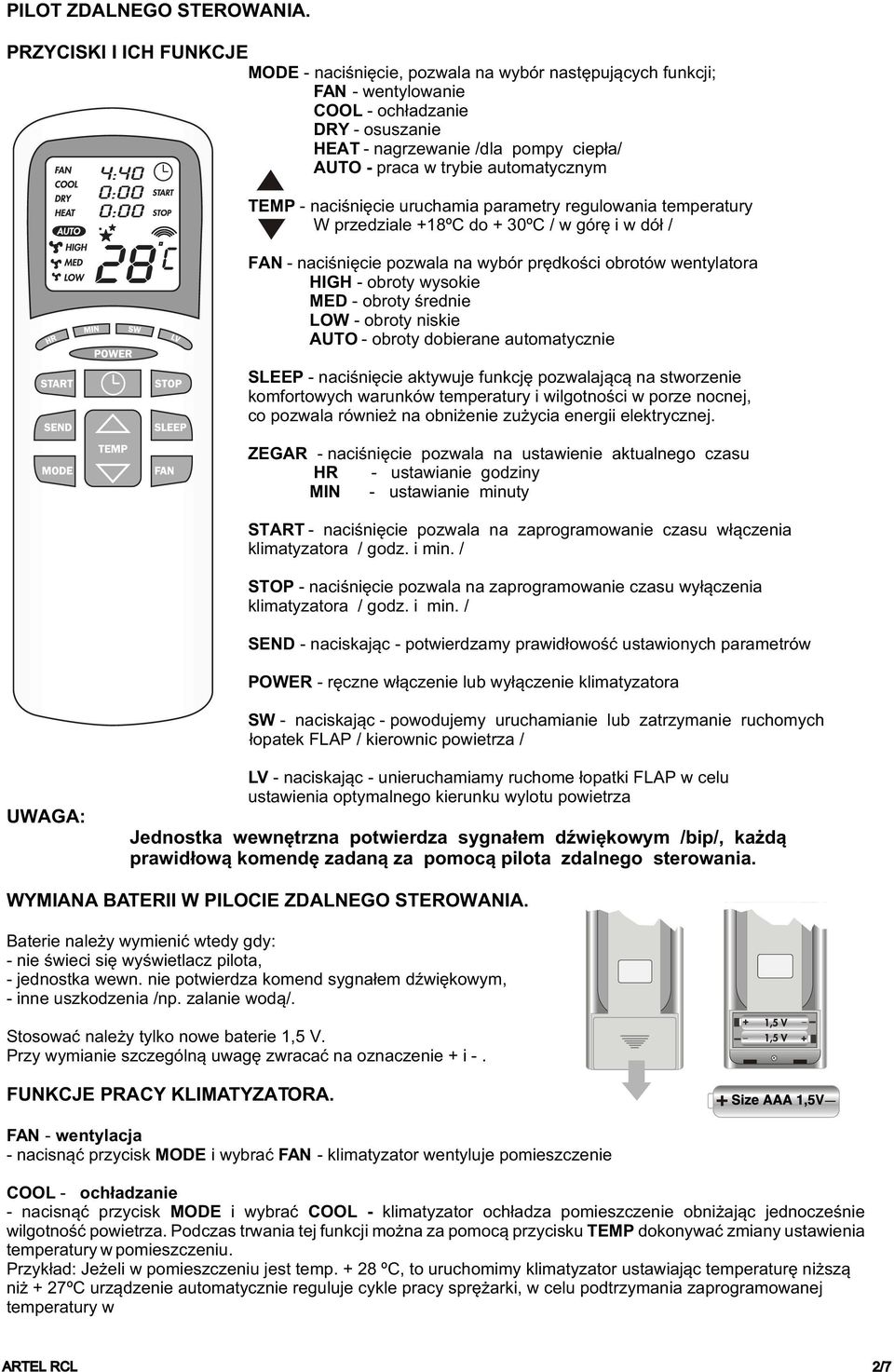automatycznym TEMP - naciœniêcie uruchamia parametry regulowania temperatury W przedziale +18ºC do + 30ºC / w górê i w dó³ / FAN - naciœniêcie pozwala na wybór prêdkoœci obrotów wentylatora HIGH -