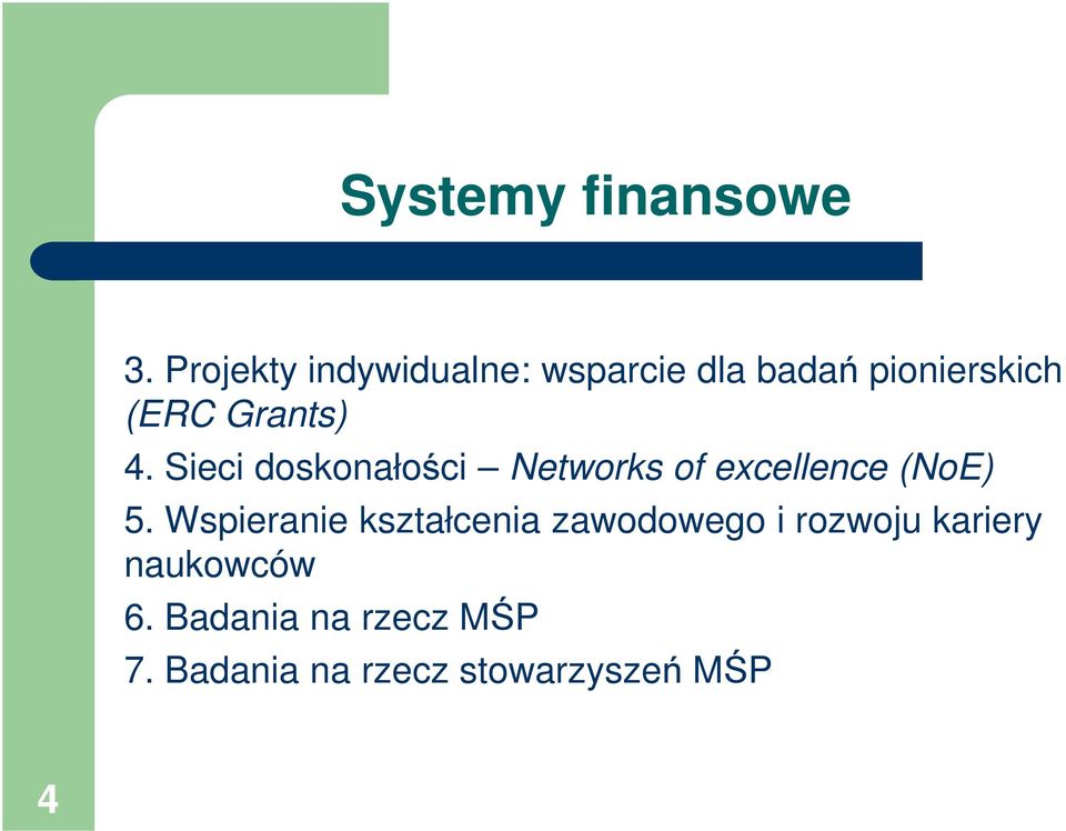 Grants) 4. Sieci doskonałości Networks of excellence (NoE) 5.