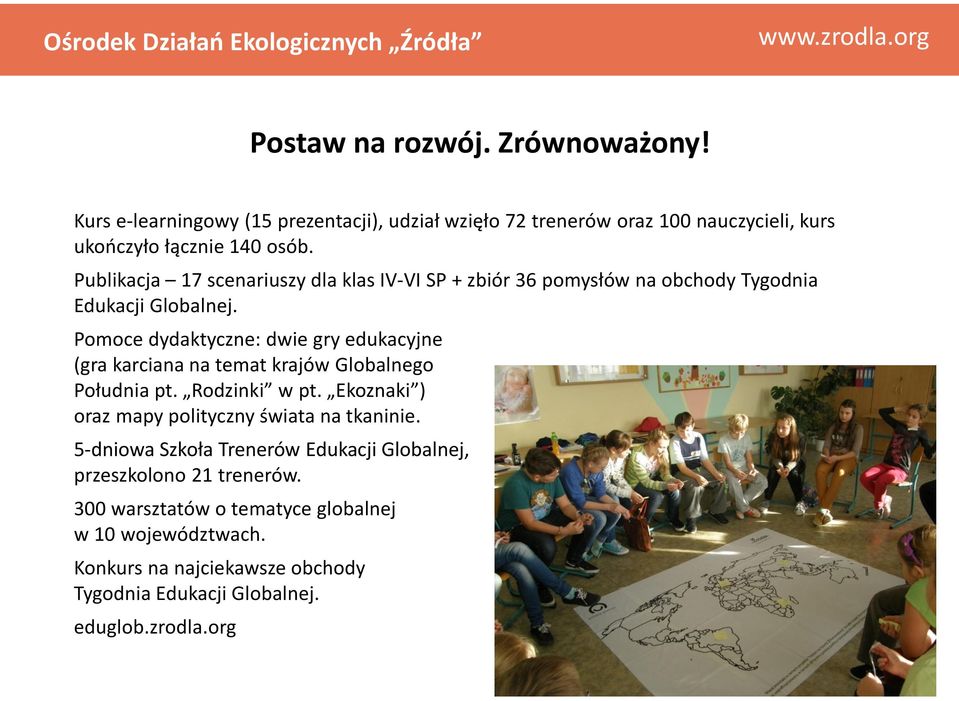 Pomoce dydaktyczne: dwie gry edukacyjne (gra karciana na temat krajów Globalnego Południa pt. Rodzinki w pt.