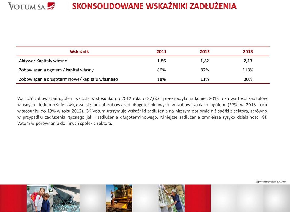 Jednocześnie zwiększa się udział zobowiązań długoterminowych w zobowiązaniach ogółem (27% w 2013 roku w stosunku do 13% w roku 2012).