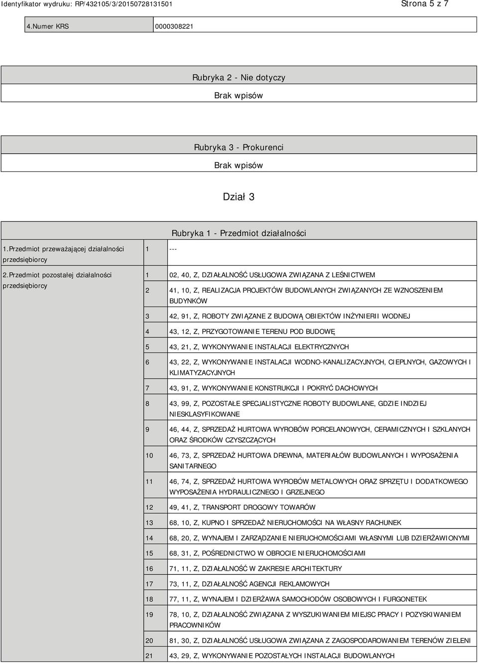 Z, ROBOTY ZWIĄZANE Z BUDOWĄ OBIEKTÓW INŻYRII WODNEJ 4 43, 12, Z, PRZYGOTOWA TERENU POD BUDOWĘ 5 43, 21, Z, WYKONYWA INSTALACJI ELEKTRYCZNYCH 6 43, 22, Z, WYKONYWA INSTALACJI WODNO-KANALIZACYJNYCH,