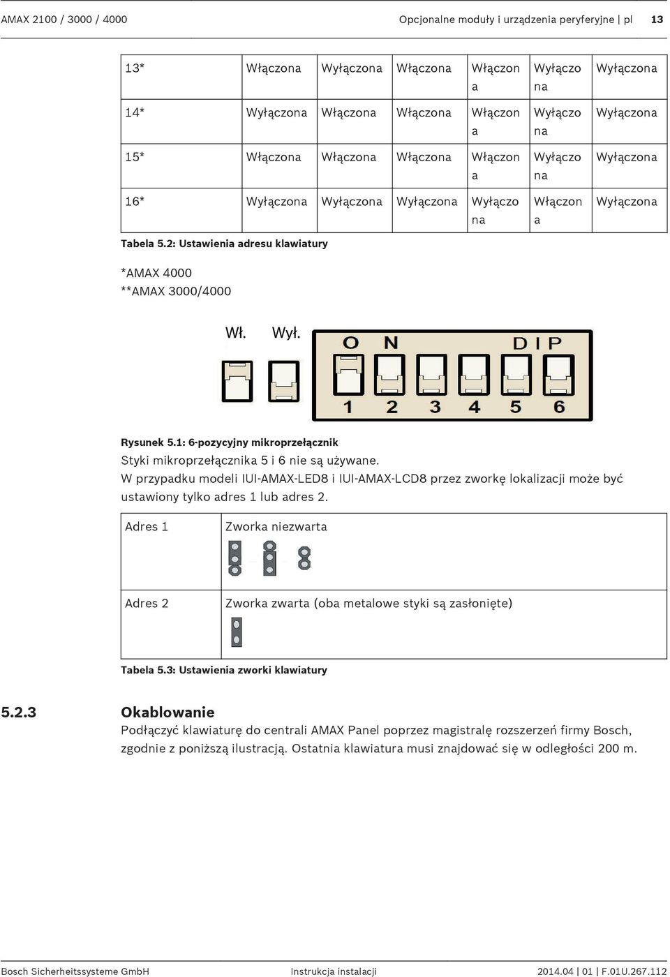 1: 6-pozycyjny mikroprzełącznik Styki mikroprzełącznik 5 i 6 nie są używne. W przypdku modeli IUI-AMAX-LED8 i IUI-AMAX-LCD8 przez zworkę loklizcji może być ustwiony tylko dres 1 lub dres 2.