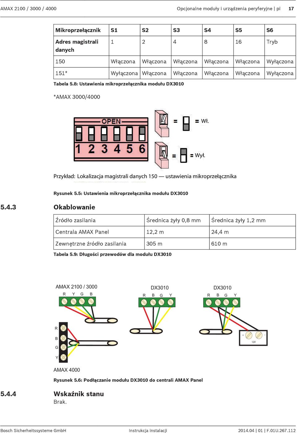 5: Ustwieni mikroprzełącznik modułu DX3010 5.4.3 Okblownie Źródło zsilni Średnic żyły 0,8 mm Średnic żyły 1,2 mm Centrl AMAX Pnel 12,2 m 24,4 m Zewnętrzne źródło zsilni 305 m 610 m Tbel 5.