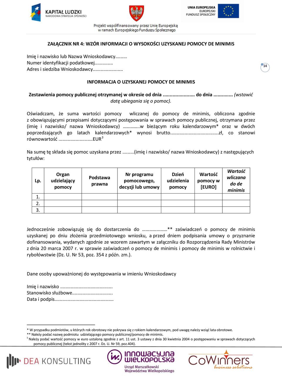 Oświadczam, że suma wartości pomocy wliczanej do pomocy de minimis, obliczona zgodnie z obowiązującymi przepisami dotyczącymi postępowania w sprawach pomocy publicznej, otrzymana przez (imię i