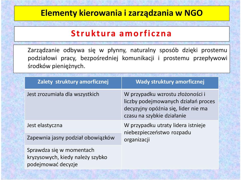 Zalety struktury amorficznej Jest zrozumiała dla wszystkich Jest elastyczna Zapewnia jasny podział obowiązków Sprawdza się w momentach kryzysowych,