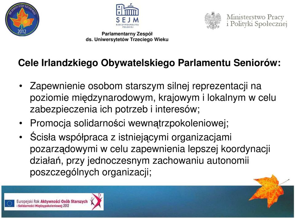 solidarności wewnątrzpokoleniowej; Ścisła współpraca z istniejącymi organizacjami pozarządowymi w celu