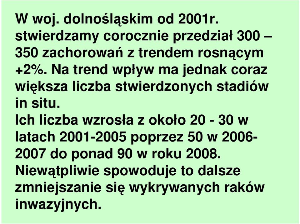 Na trend wpływ ma jednak coraz większa liczba stwierdzonych stadiów in situ.