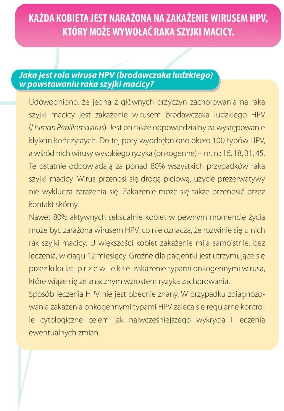 Jest on także odpowiedzialny za występowanie kłykcin kończystych. Do tej pory wyodrębniono około 100 typów HPV, a wśród nich wirusy wysokiego ryzyka (onkogenne) m.in.: 16, 18, 31, 45.