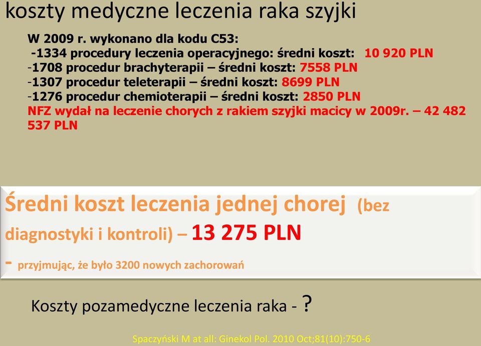 procedur teleterapii średni koszt: 8699 PLN -1276 procedur chemioterapii średni koszt: 2850 PLN NFZ wydał na leczenie chorych z rakiem szyjki